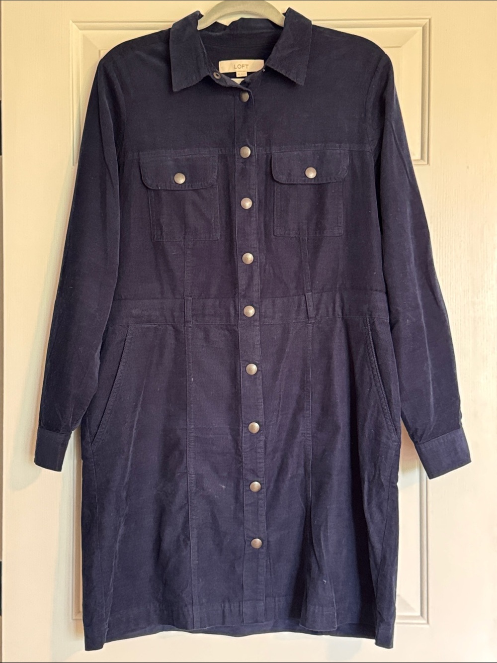 LOFT Navy Button-Front Corduroy Shirt Dress